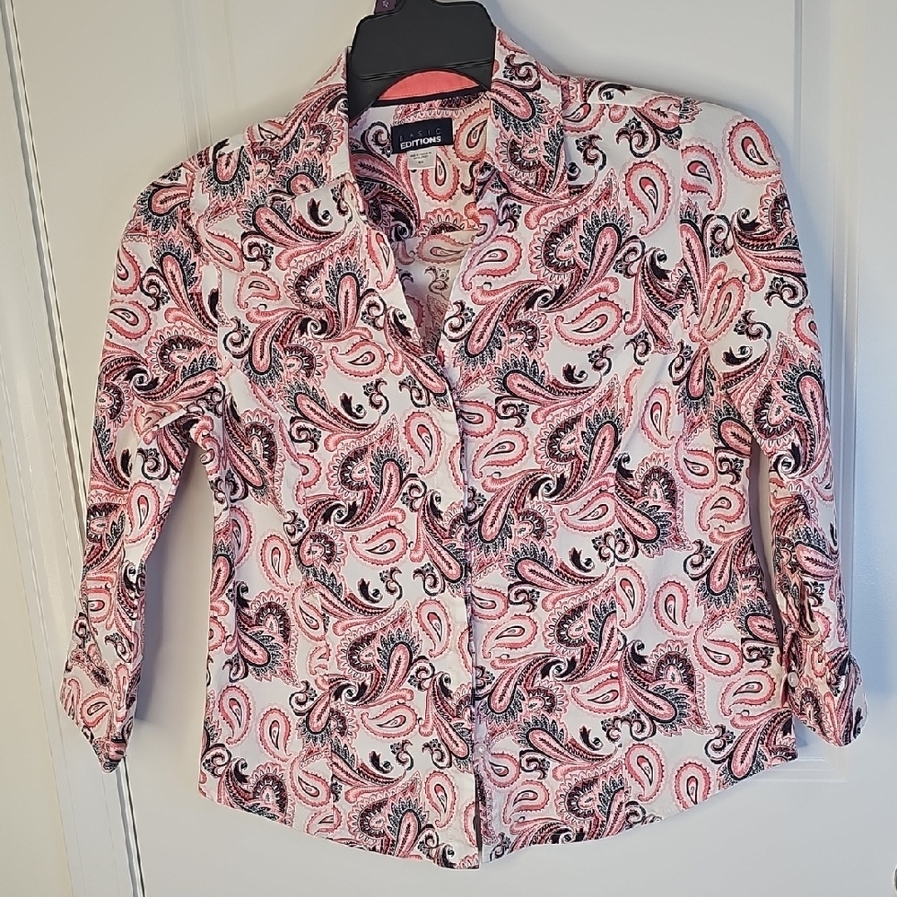 Basic Editions Pink and Black Paisley Button Down Shirt